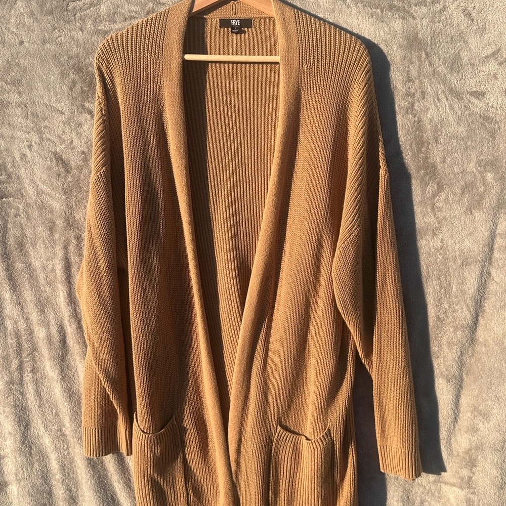 Frye Open Front brown cardigan sweater Knit Rib Sz Large Cozy  Boho chic Winter